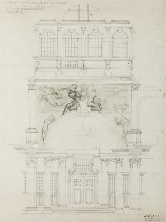   - Plan de la façade de la Chambre de Conseil de l’Université de Cardiff, ornée de l’œuvre « La Guerre et la Paix »